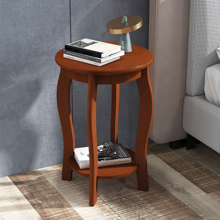 2-Tier Round End Table Narrow Sofa Side Nightstand w/ Storage Shelf and Wood Legs Image 2