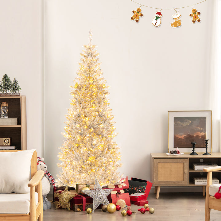 6 FT Pre-lit Artificial Silver Tinsel Christmas Tree Slim Pencil Xmas Tree w/ 790 Branch Tips and 300 LED Lights Image 1