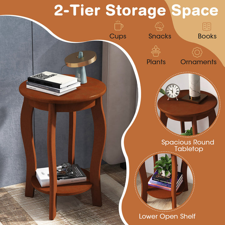 2-Tier Round End Table Narrow Sofa Side Nightstand w/ Storage Shelf and Wood Legs Image 6