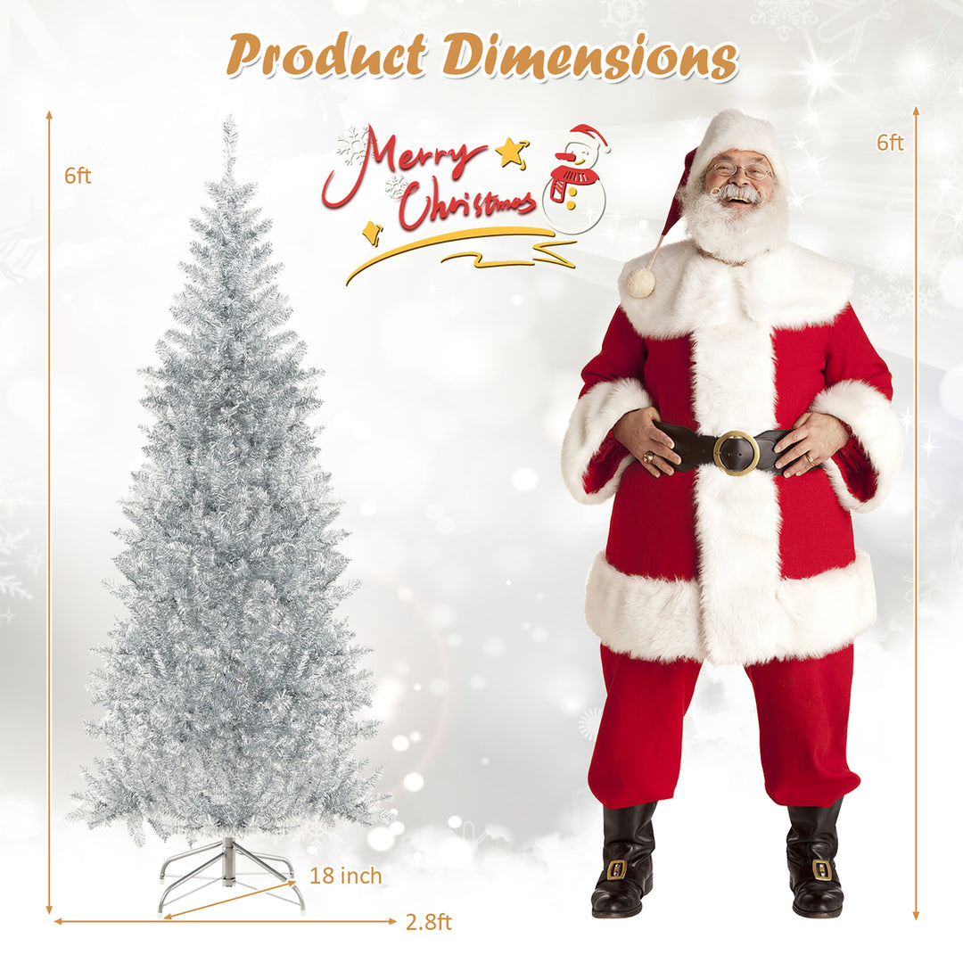 6 FT Pre-lit Artificial Silver Tinsel Christmas Tree Slim Pencil Xmas Tree w/ 790 Branch Tips and 300 LED Lights Image 3