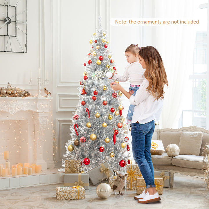 6 FT Pre-lit Artificial Silver Tinsel Christmas Tree Slim Pencil Xmas Tree w/ 790 Branch Tips and 300 LED Lights Image 4