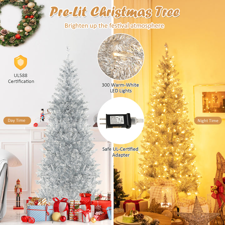 6 FT Pre-lit Artificial Silver Tinsel Christmas Tree Slim Pencil Xmas Tree w/ 790 Branch Tips and 300 LED Lights Image 7