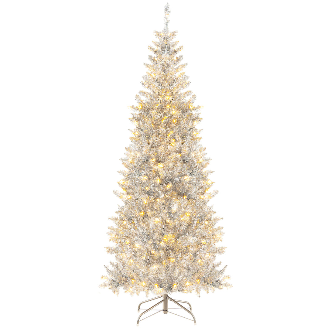 6 FT Pre-lit Artificial Silver Tinsel Christmas Tree Slim Pencil Xmas Tree w/ 790 Branch Tips and 300 LED Lights Image 10