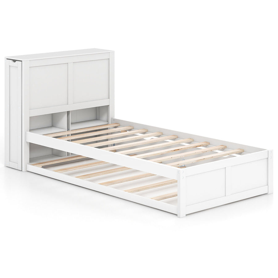 Full/Twin Wooden Platform Bed with Trundle Storage Headboard Pull Out Shelves White Image 1