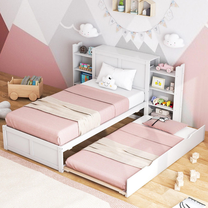 Full/Twin Wooden Platform Bed with Trundle Storage Headboard Pull Out Shelves White Image 2