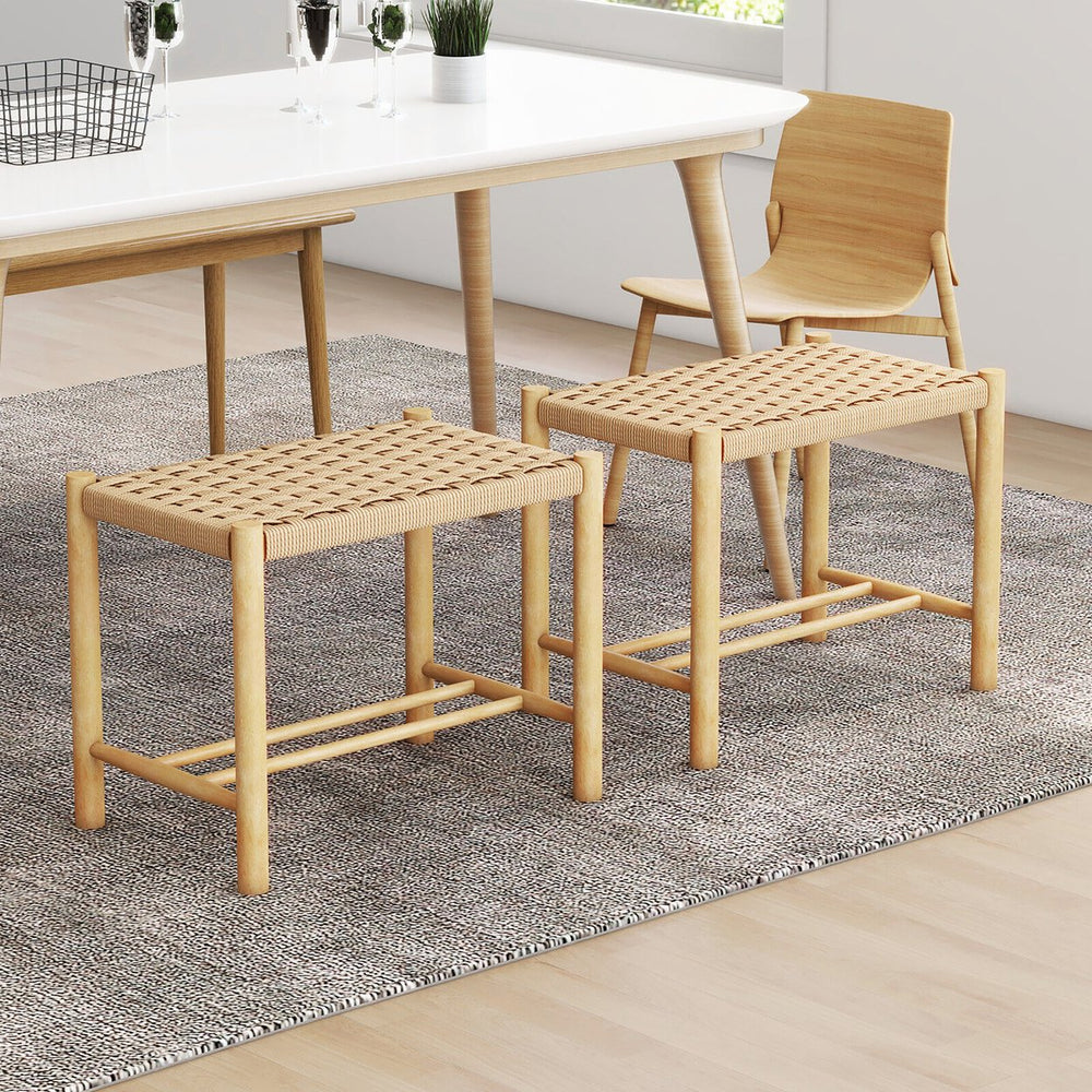 18 Dining Stool Set of 2 Backless w/ Rubber Wood Frame Woven Paper Seat Kitchen Image 2