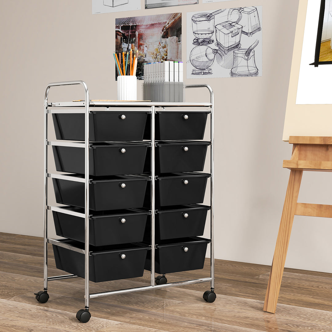 10-Drawer Rolling Storage Cart Tools Scrapbook Paper Organizer on Wheels Black Image 2