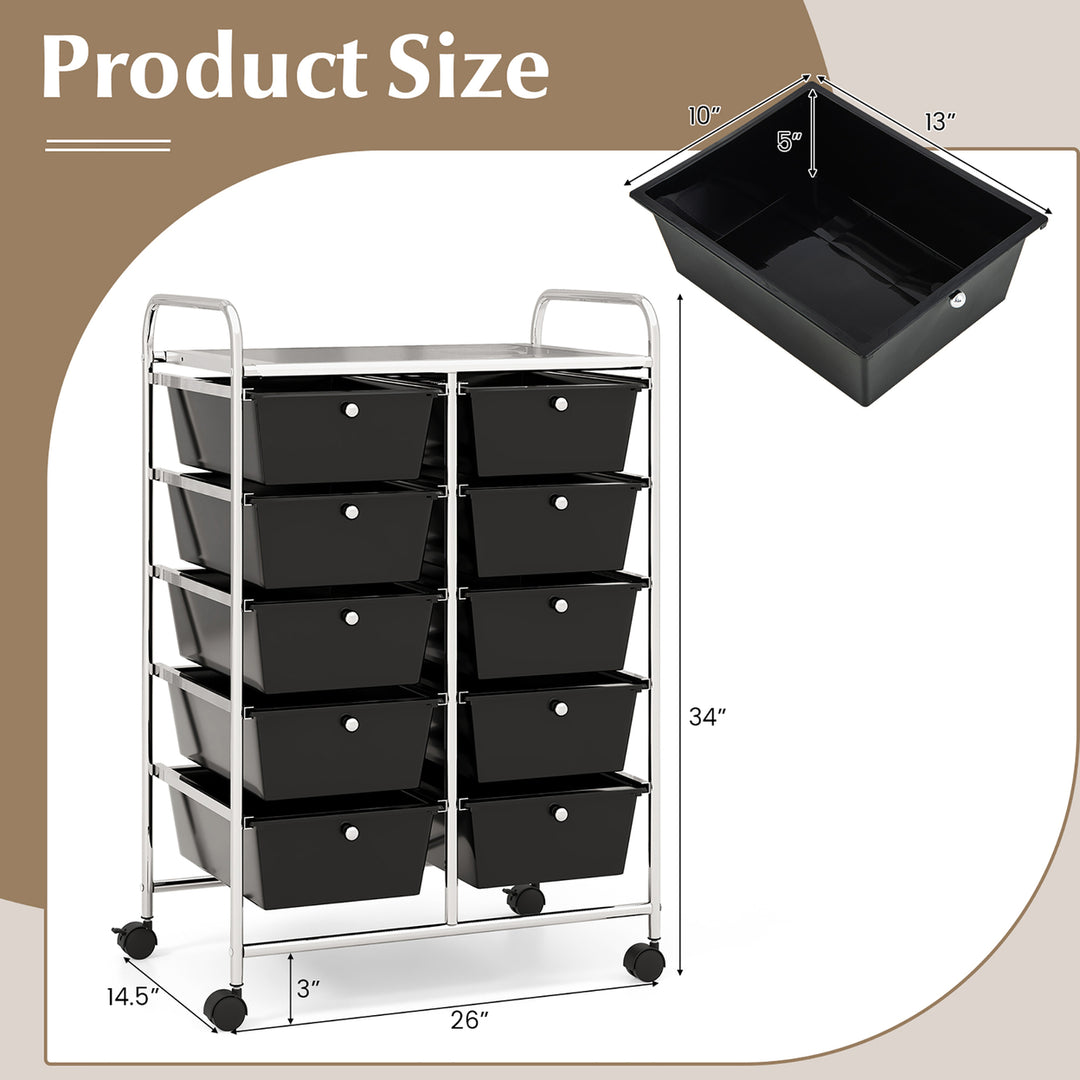 10-Drawer Rolling Storage Cart Tools Scrapbook Paper Organizer on Wheels Black Image 3