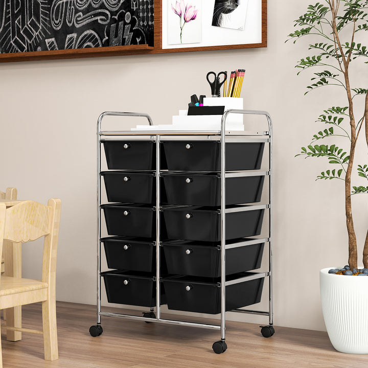 10-Drawer Rolling Storage Cart Tools Scrapbook Paper Organizer on Wheels Black Image 4