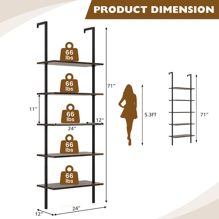 5 Tier Ladder Shelf 71 Height Wall-Mounted Bookshelf Display Storage Organizer Image 3