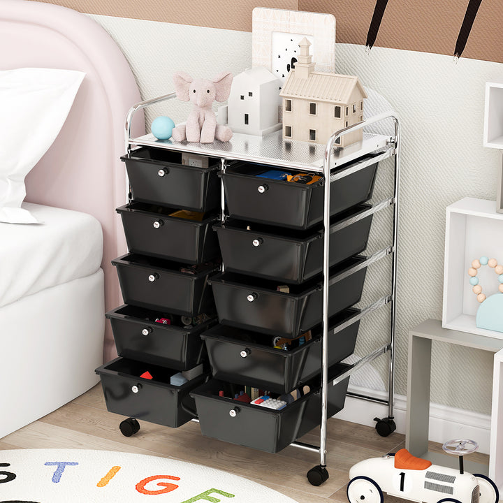 10-Drawer Rolling Storage Cart Tools Scrapbook Paper Organizer on Wheels Black Image 5