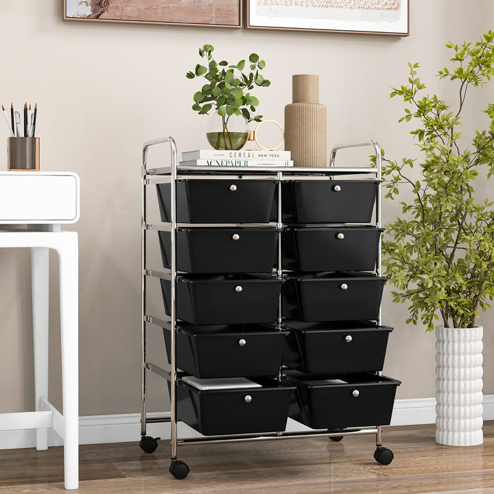 10-Drawer Rolling Storage Cart Tools Scrapbook Paper Organizer on Wheels Black Image 6