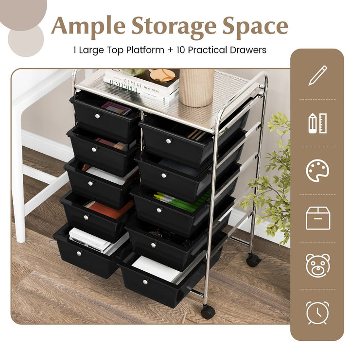 10-Drawer Rolling Storage Cart Tools Scrapbook Paper Organizer on Wheels Black Image 7