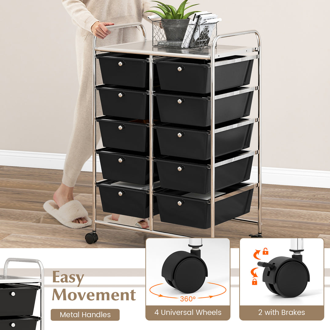 10-Drawer Rolling Storage Cart Tools Scrapbook Paper Organizer on Wheels Black Image 8