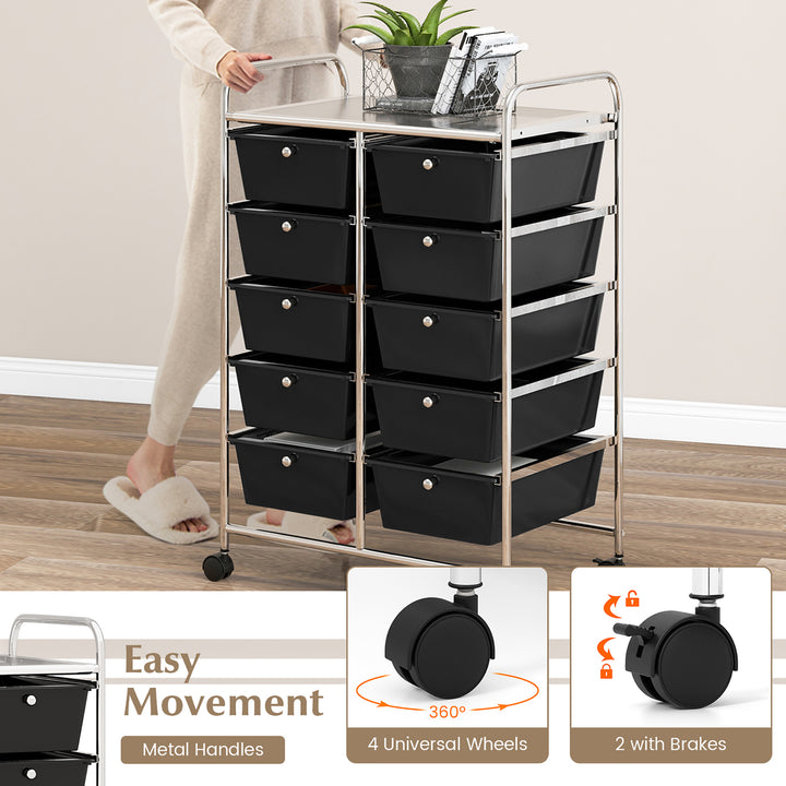 10-Drawer Rolling Storage Cart Tools Scrapbook Paper Organizer on Wheels Black Image 8