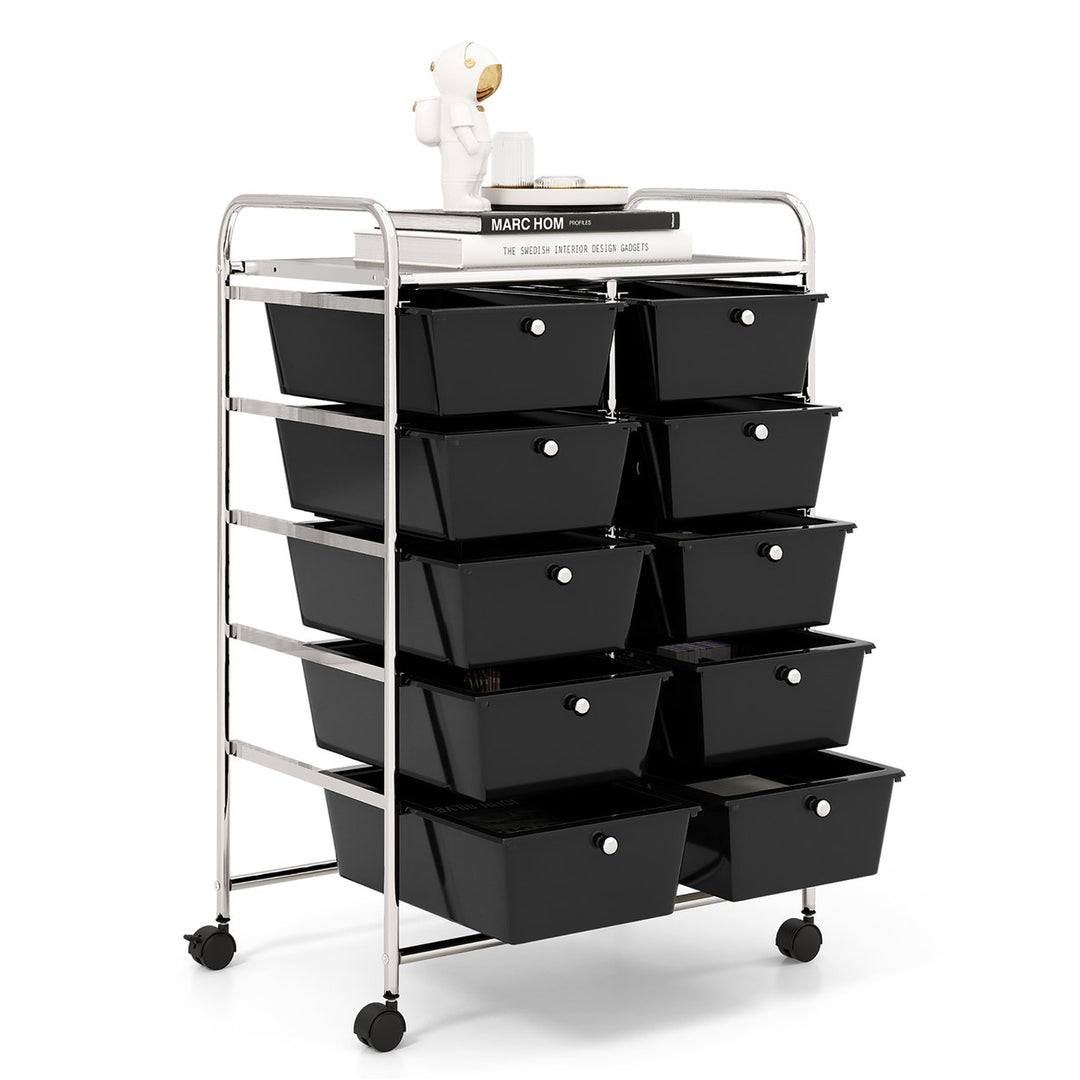 10-Drawer Rolling Storage Cart Tools Scrapbook Paper Organizer on Wheels Black Image 10