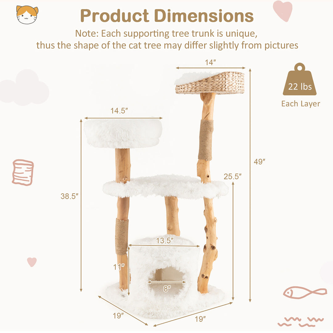 49 Tall Wooden Cat Tree Solid Wood Cat Tower with Jute Scratching Posts Image 3