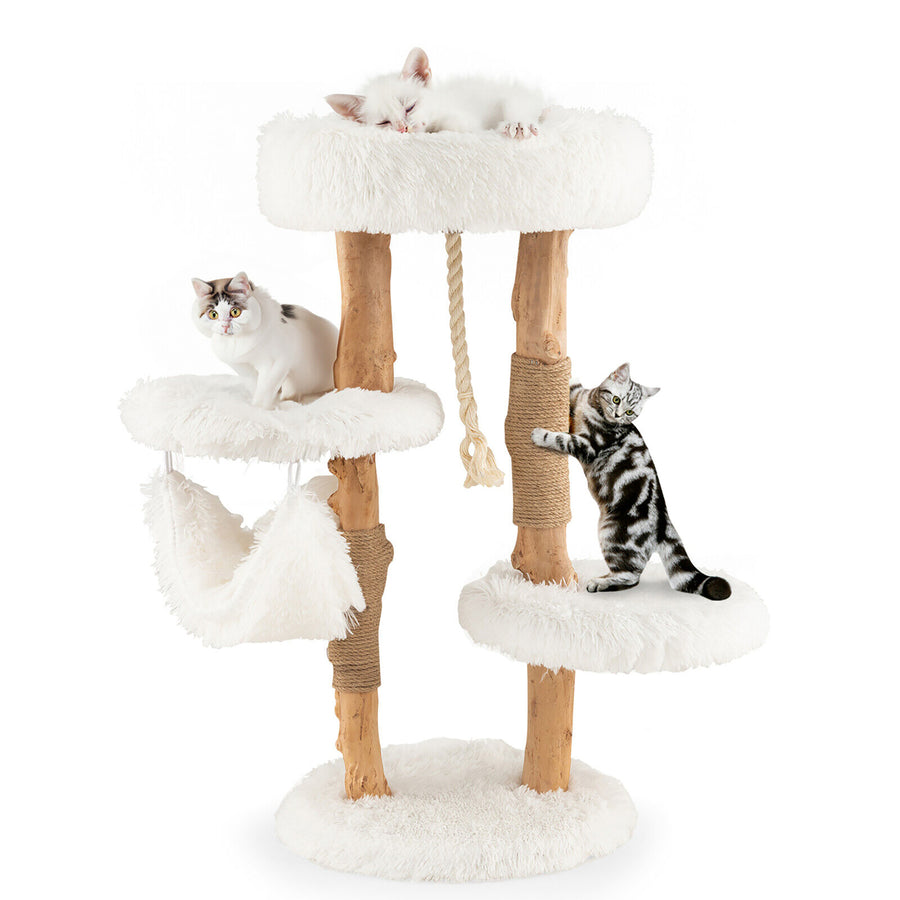 34 Tall Wooden Cat Tree Solid Wood Cat Tower with Jute Scratching Posts Image 1