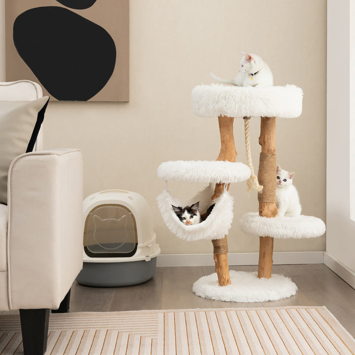 34 Tall Wooden Cat Tree Solid Wood Cat Tower with Jute Scratching Posts Image 2