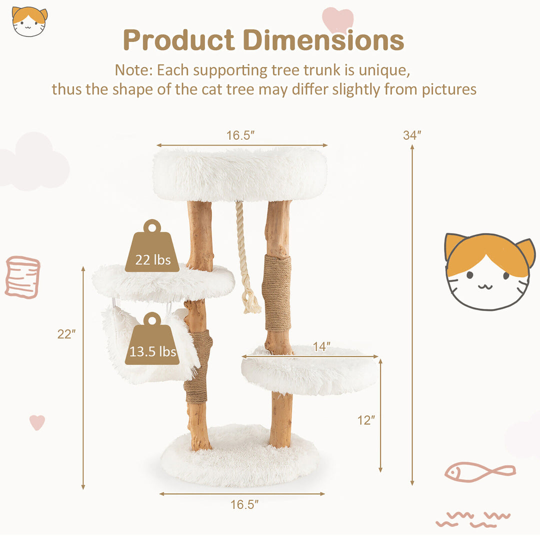 34 Tall Wooden Cat Tree Solid Wood Cat Tower with Jute Scratching Posts Image 3