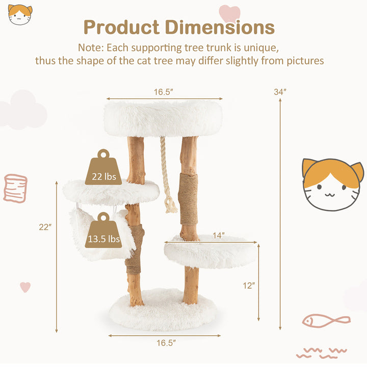 34 Tall Wooden Cat Tree Solid Wood Cat Tower with Jute Scratching Posts Image 3