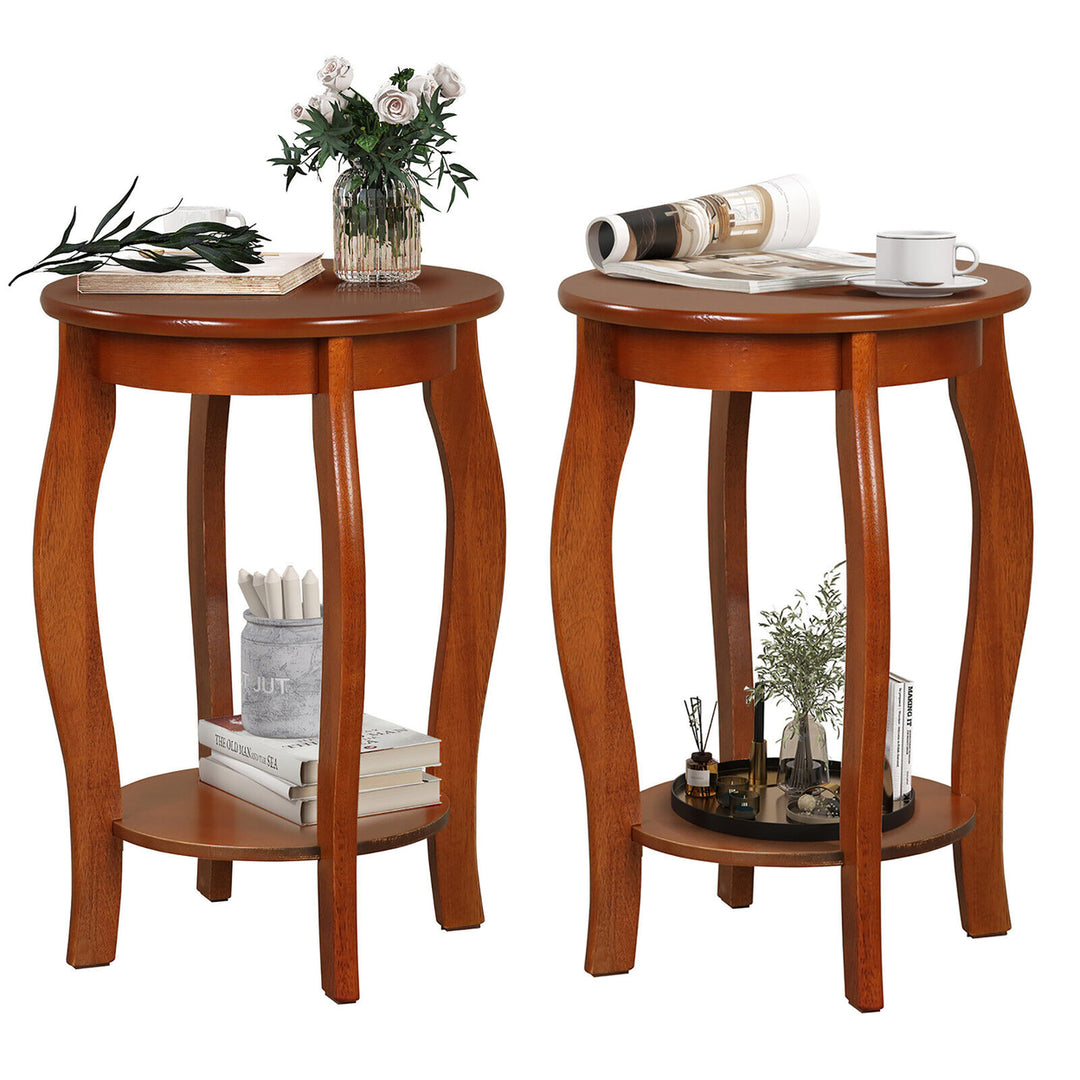 2-Tier Round End Table Set of 2 Narrow Sofa Side Nightstand w/ Storage Shelf Image 1