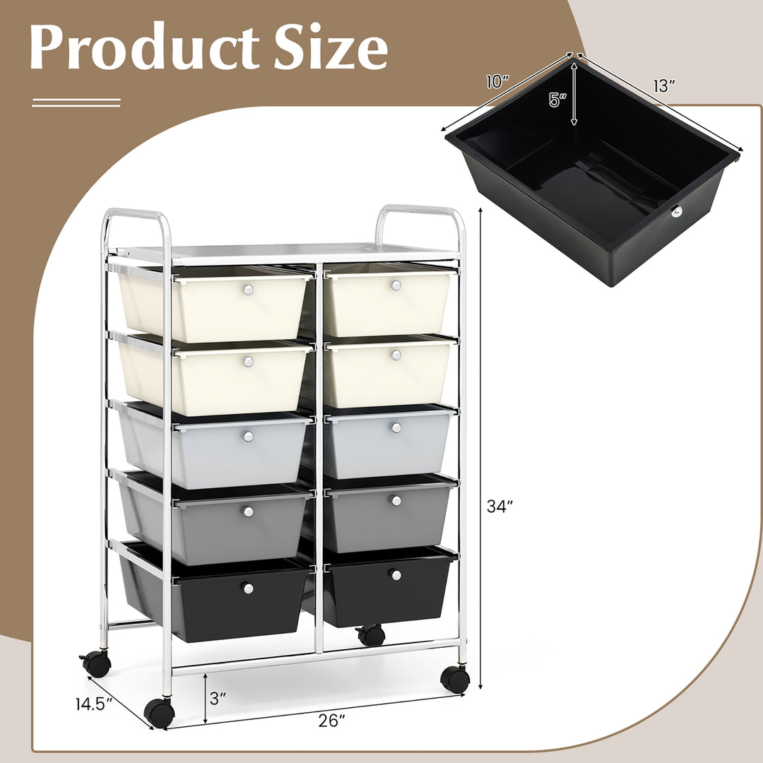 10-Drawer Rolling Storage Cart Tools Scrapbook Paper Organizer on Wheels Grey Gradient Image 3