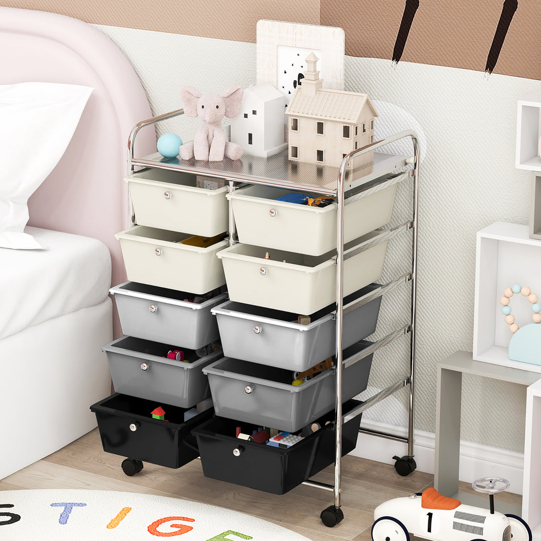 10-Drawer Rolling Storage Cart Tools Scrapbook Paper Organizer on Wheels Grey Gradient Image 5