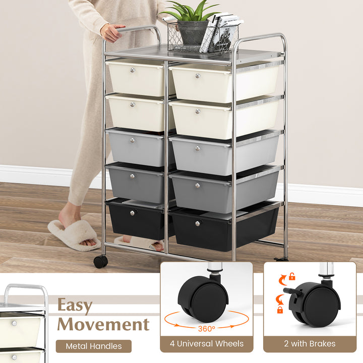 10-Drawer Rolling Storage Cart Tools Scrapbook Paper Organizer on Wheels Grey Gradient Image 7