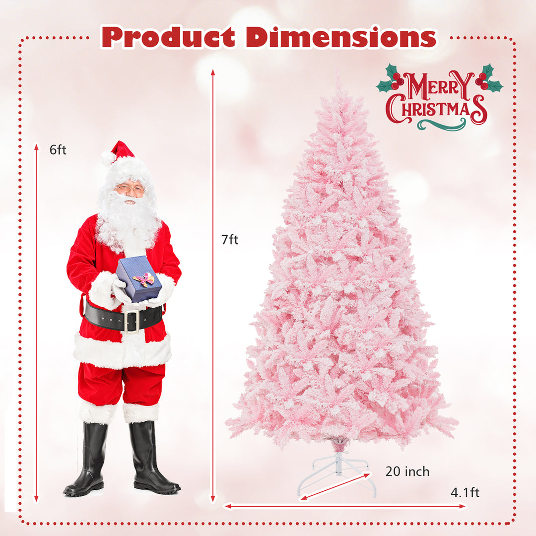 7 FT Pre-Lit Artificial Christmas Tree Lighted Pink Snow Flocked Xmas Tree w/1200 Branch Tips and 500 LED Lights Image 3