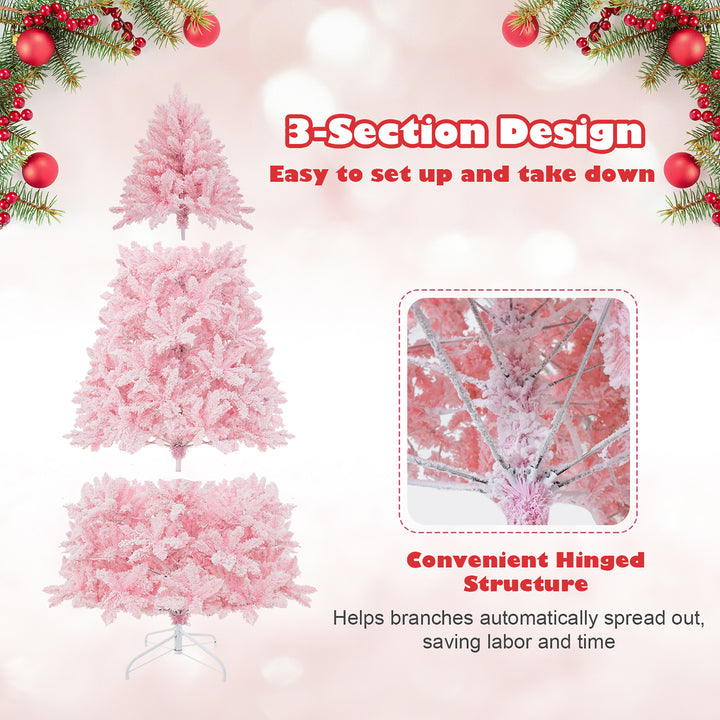 7 FT Pre-Lit Artificial Christmas Tree Lighted Pink Snow Flocked Xmas Tree w/1200 Branch Tips and 500 LED Lights Image 5