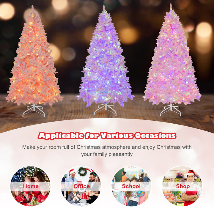 7 FT Pre-Lit Artificial Christmas Tree Lighted Pink Snow Flocked Xmas Tree w/1200 Branch Tips and 500 LED Lights Image 6