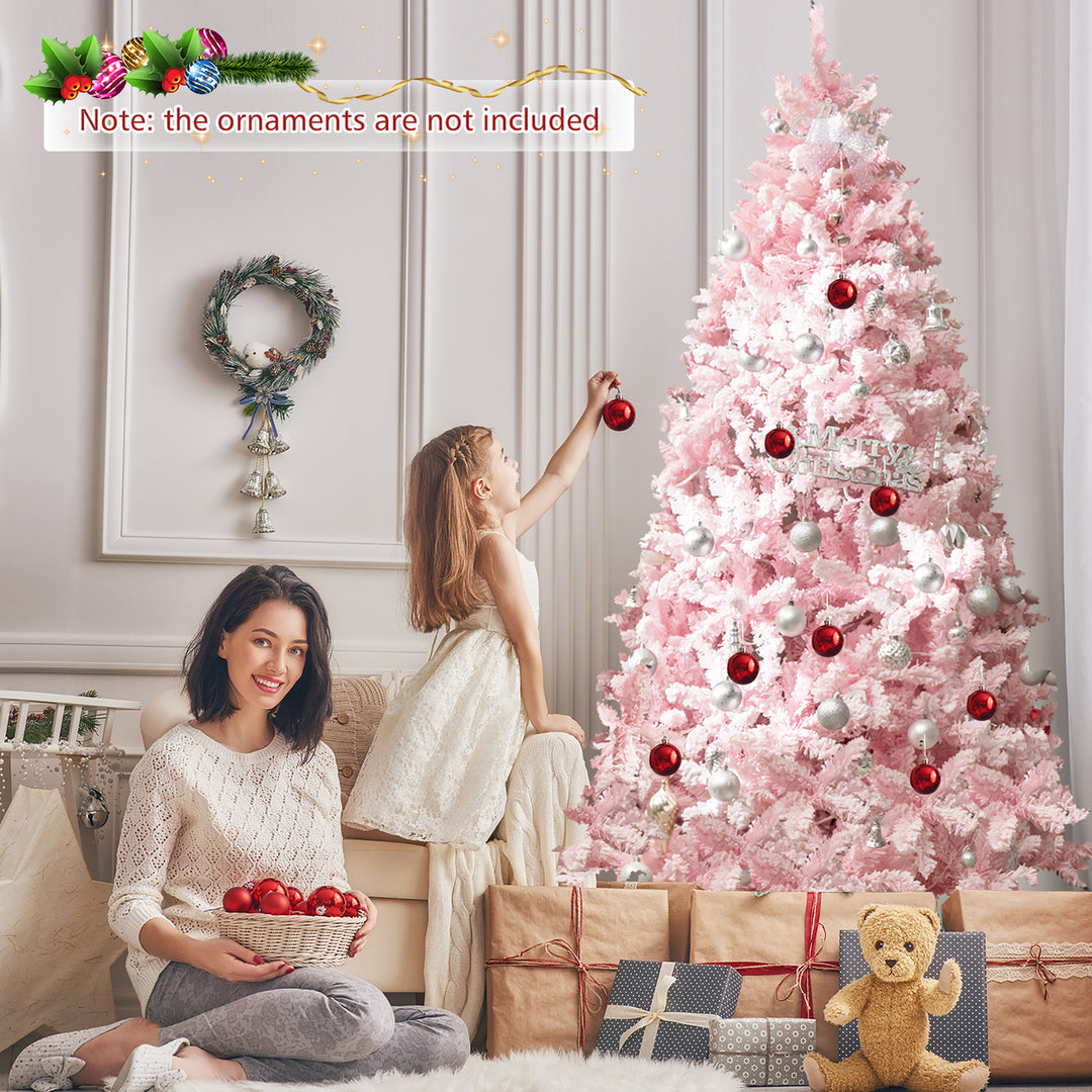 7 FT Pre-Lit Artificial Christmas Tree Lighted Pink Snow Flocked Xmas Tree w/1200 Branch Tips and 500 LED Lights Image 9