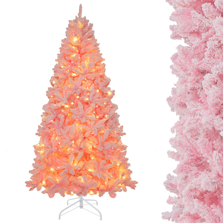 7 FT Pre-Lit Artificial Christmas Tree Lighted Pink Snow Flocked Xmas Tree w/1200 Branch Tips and 500 LED Lights Image 10