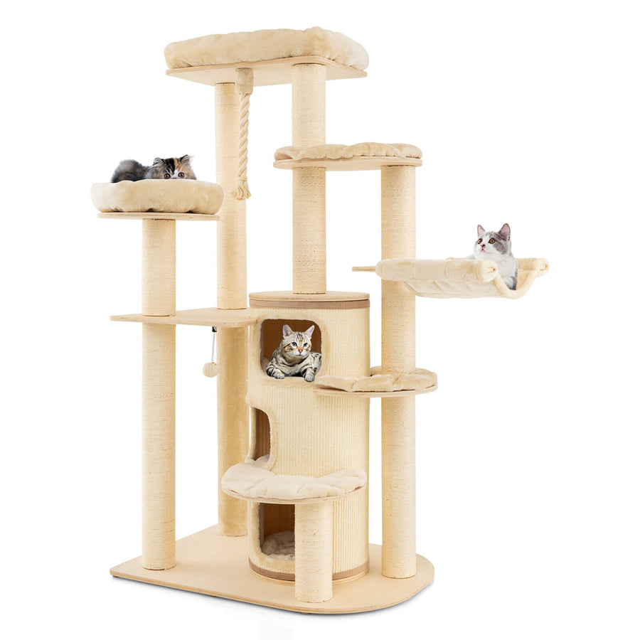 Wooden Cat Tree Multi-Level Kitten Tower w/ Condo Perches Scratching Posts Image 1