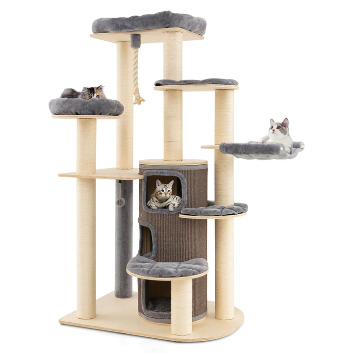 Wooden Cat Tree Multi-Level Kitten Tower w/ Condo Perches Scratching Posts Image 1