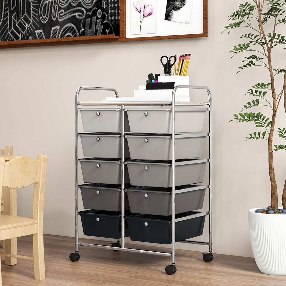 10-Drawer Rolling Storage Cart Tools Scrapbook Paper Organizer on Wheels Black Gradient Image 2