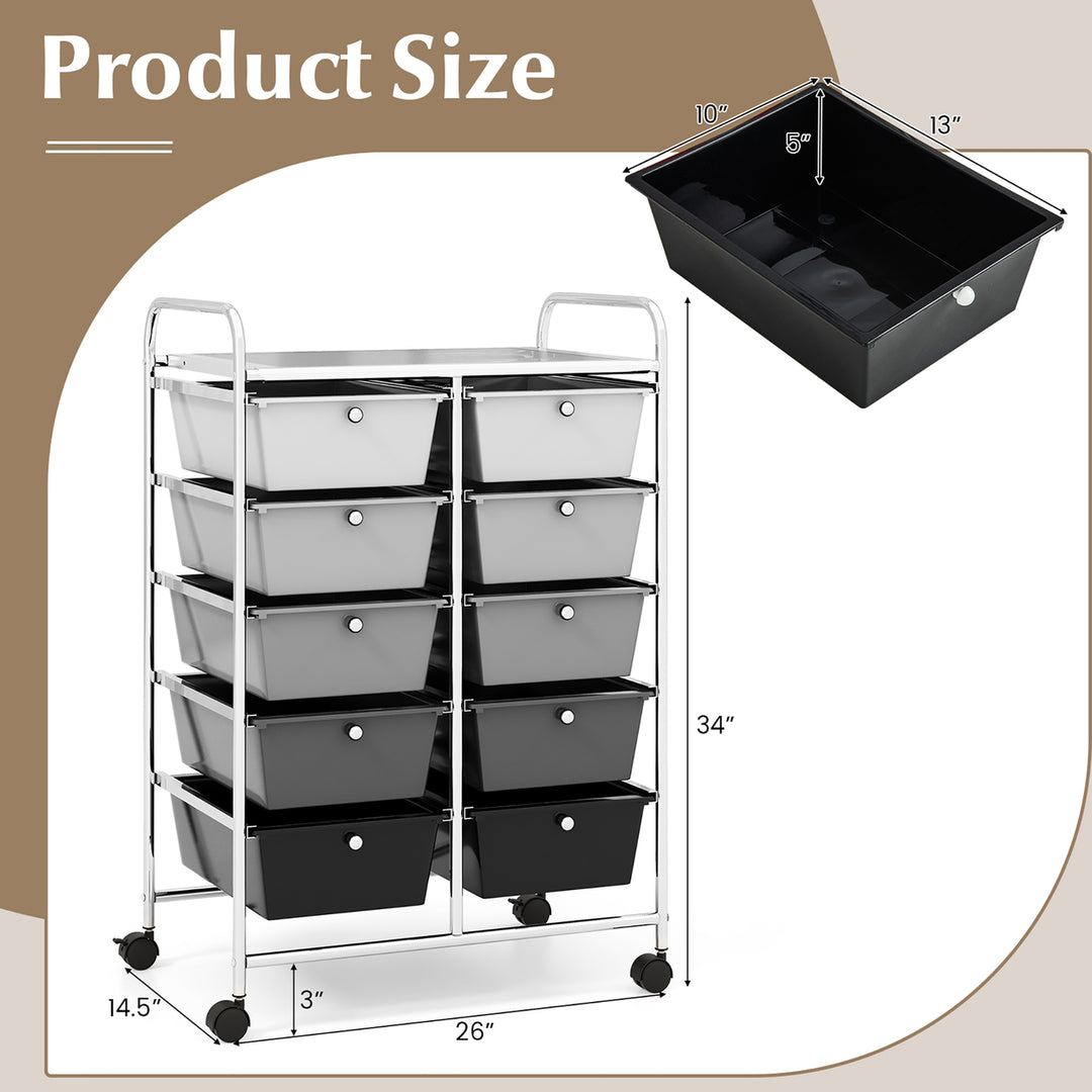 10-Drawer Rolling Storage Cart Tools Scrapbook Paper Organizer on Wheels Black Gradient Image 3