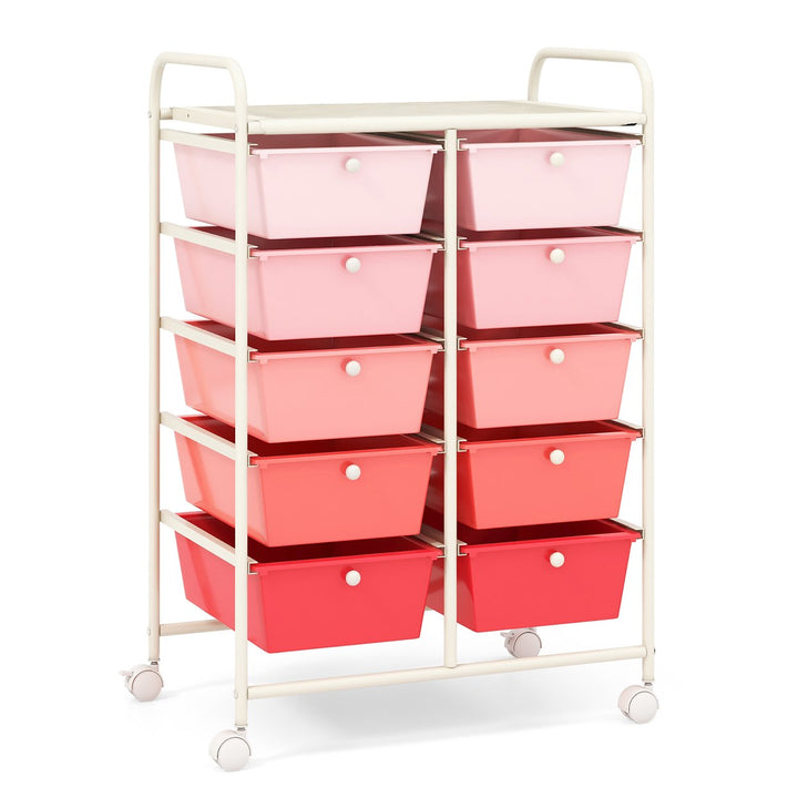 10-Drawer Rolling Storage Cart Tools Scrapbook Paper Organizer on Wheels Pink Gradient Image 1