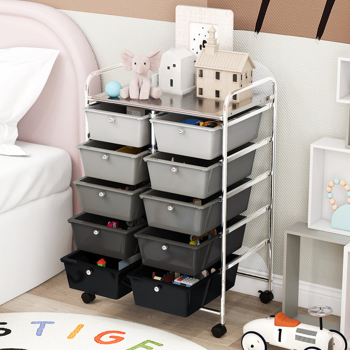 10-Drawer Rolling Storage Cart Tools Scrapbook Paper Organizer on Wheels Black Gradient Image 6