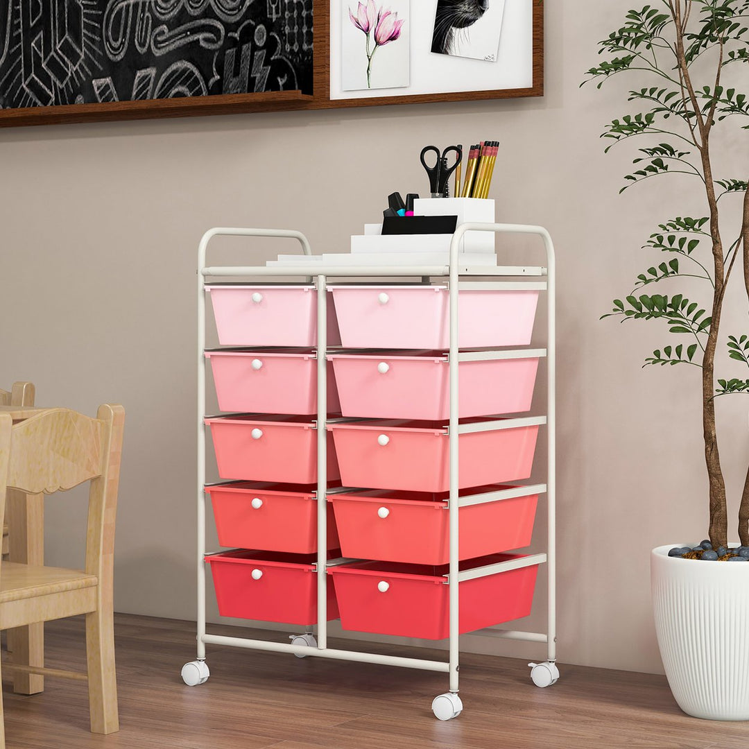 10-Drawer Rolling Storage Cart Tools Scrapbook Paper Organizer on Wheels Pink Gradient Image 2