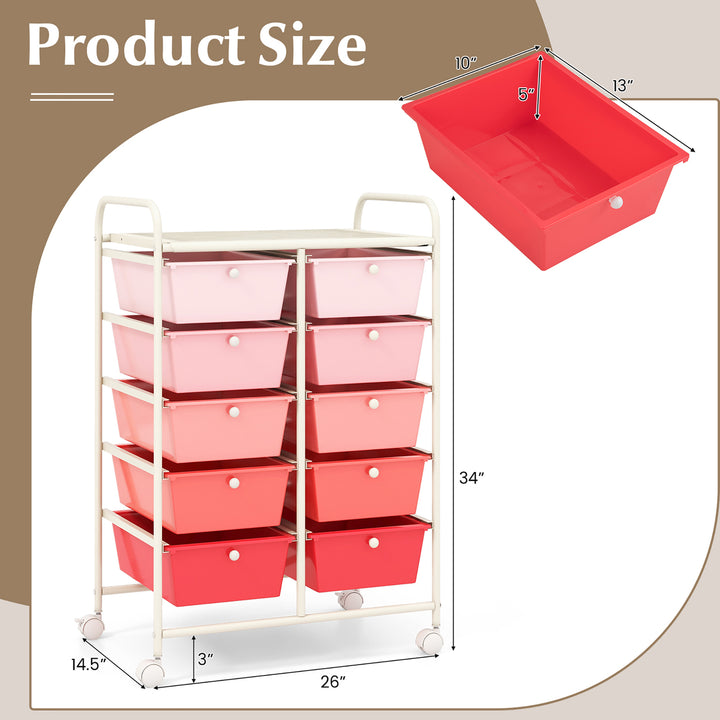 10-Drawer Rolling Storage Cart Tools Scrapbook Paper Organizer on Wheels Pink Gradient Image 3