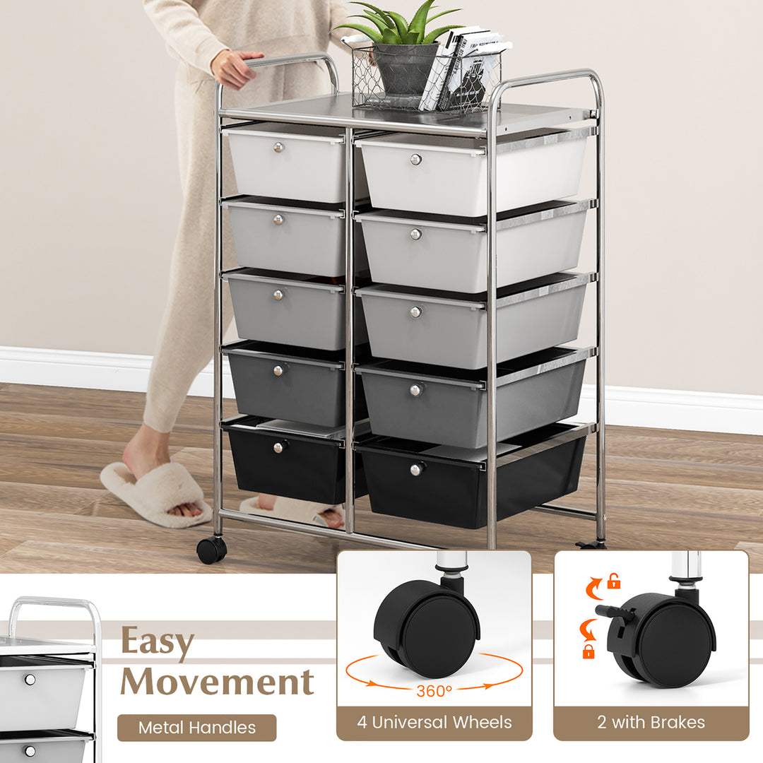 10-Drawer Rolling Storage Cart Tools Scrapbook Paper Organizer on Wheels Black Gradient Image 8