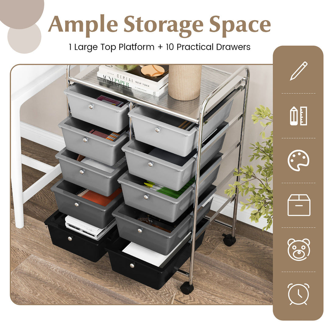 10-Drawer Rolling Storage Cart Tools Scrapbook Paper Organizer on Wheels Black Gradient Image 9