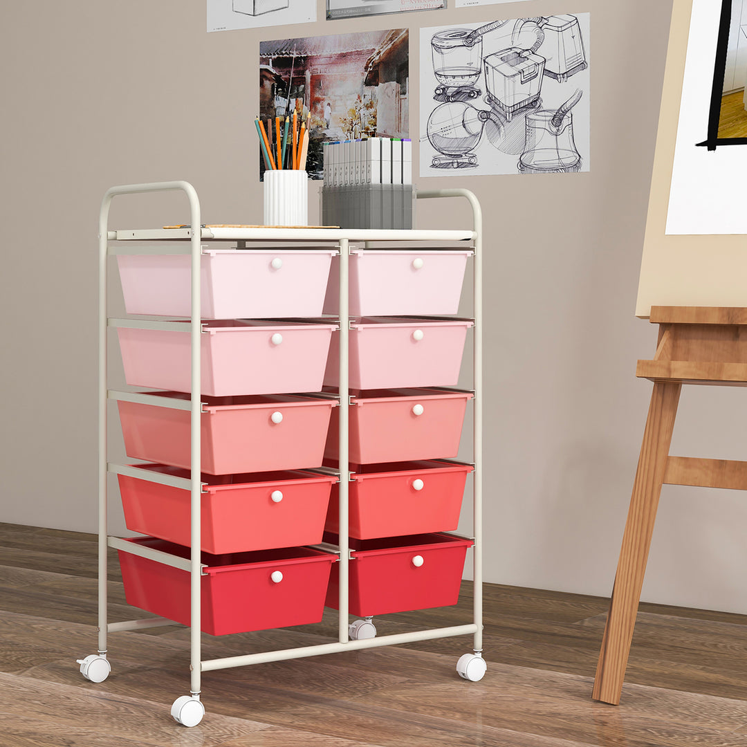 10-Drawer Rolling Storage Cart Tools Scrapbook Paper Organizer on Wheels Pink Gradient Image 4