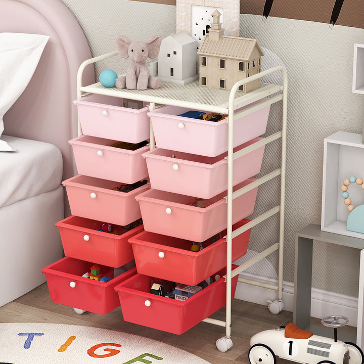 10-Drawer Rolling Storage Cart Tools Scrapbook Paper Organizer on Wheels Pink Gradient Image 5