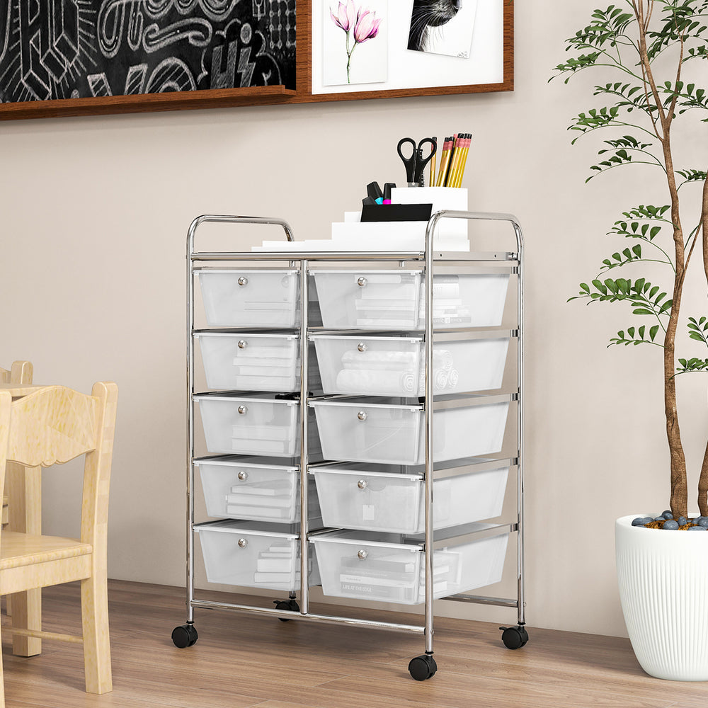 10-Drawer Rolling Storage Cart Tools Scrapbook Paper Organizer on Wheels Clear Image 2