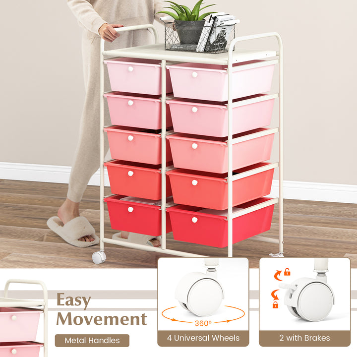 10-Drawer Rolling Storage Cart Tools Scrapbook Paper Organizer on Wheels Pink Gradient Image 8