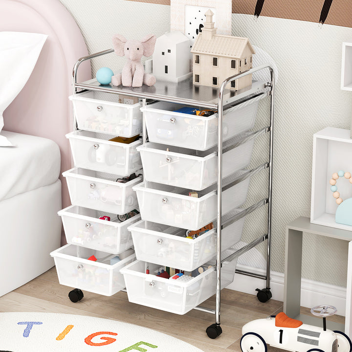 10-Drawer Rolling Storage Cart Tools Scrapbook Paper Organizer on Wheels Clear Image 5