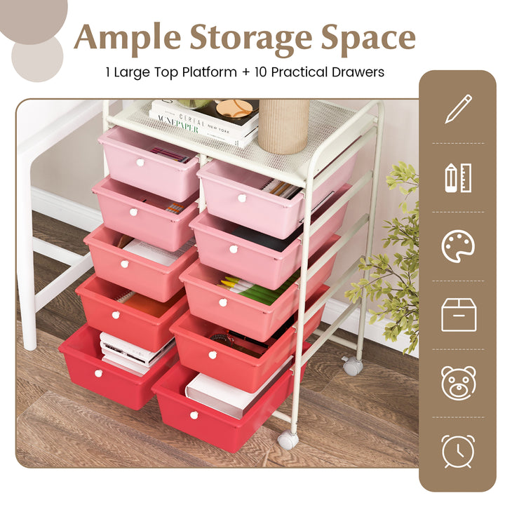 10-Drawer Rolling Storage Cart Tools Scrapbook Paper Organizer on Wheels Pink Gradient Image 9